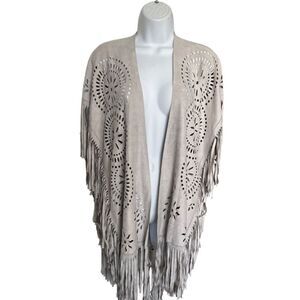 Bohemian Taupe Fringe Cardigan with Laser-Cut Design One Size
